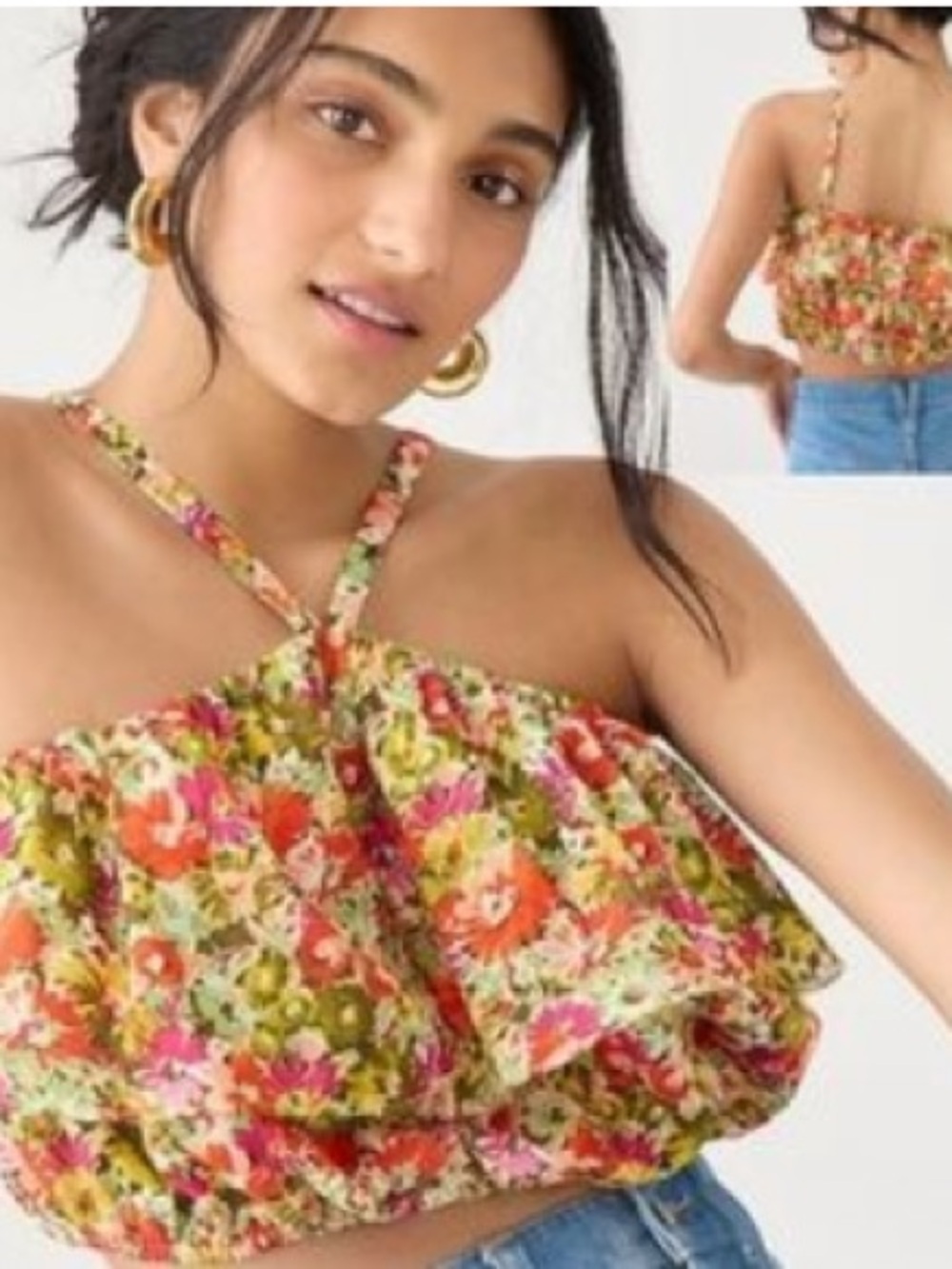 NWT J. Crew Painted Floral Ruffle Halter Crop Top - Pink & Orange & Green